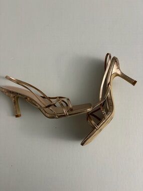 Strappy Metallic Slingback Heels in Rose Gold